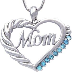 Mom Heart Pendant Necklace Sky Blue Birthstone‎ Silver Tone Mother’s Day Gift